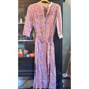 dRA Los Angeles Floral Midi/Maxi Shirt Dress M Pink Yellow Cotton Belted
